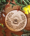 Auf einem Holztisch liegen verschiedene Kräuter wie Schafgarbe, Wermut und Johanniskraut um ein Wandbild aus Holz drumherum. Das Holz-Ornament zeigt eine Hummel. Eingerahmt wird sie von Johanniskraut, Kamille und einem Efeublatt.