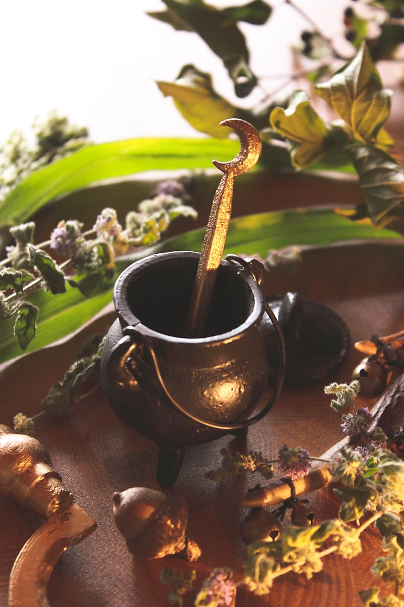 Ein kleiner Hexenkessel aus dem ein bronzener Löffel herausragt. Am Ende des Löffels ist eine Mondsichel.