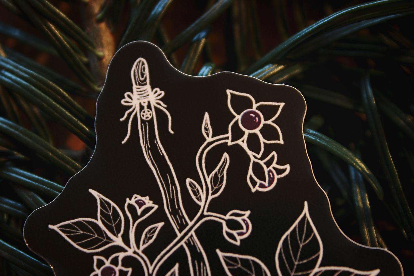 Nahaufnahme: Auf Tannennadeln gebettet liegt ein schwarzer Aufkleber mit weißer Zeichnung eines Hexenbesens um den Tollkirsche geschlungen ist.