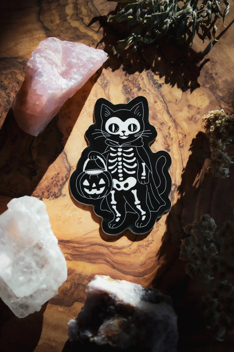 Ein schwarz-weißer Sticker der eine Katze im Skelett-Kostüm zeigt. Die Katze trägt einen Kürbis-Eimer in der Hand.