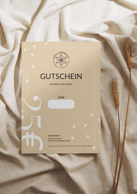HOLLENKRAUT Geschenkgutschein - HOLLENKRAUT Gutschein im Wert von 25,00 € auf einem eleganten beige Hintergrund mit Weizenähren. Einlösbar auf www.hollenkraut.shop.