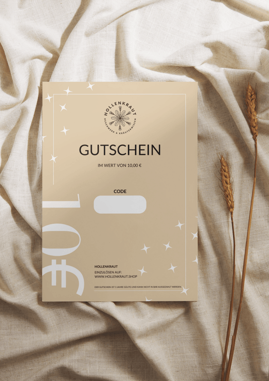 HOLLENKRAUT Geschenkgutschein - HOLLENKRAUT Gutschein im Wert von 10,00 € auf einem eleganten beige Hintergrund mit Weizenähren. Einlösbar auf www.hollenkraut.shop.