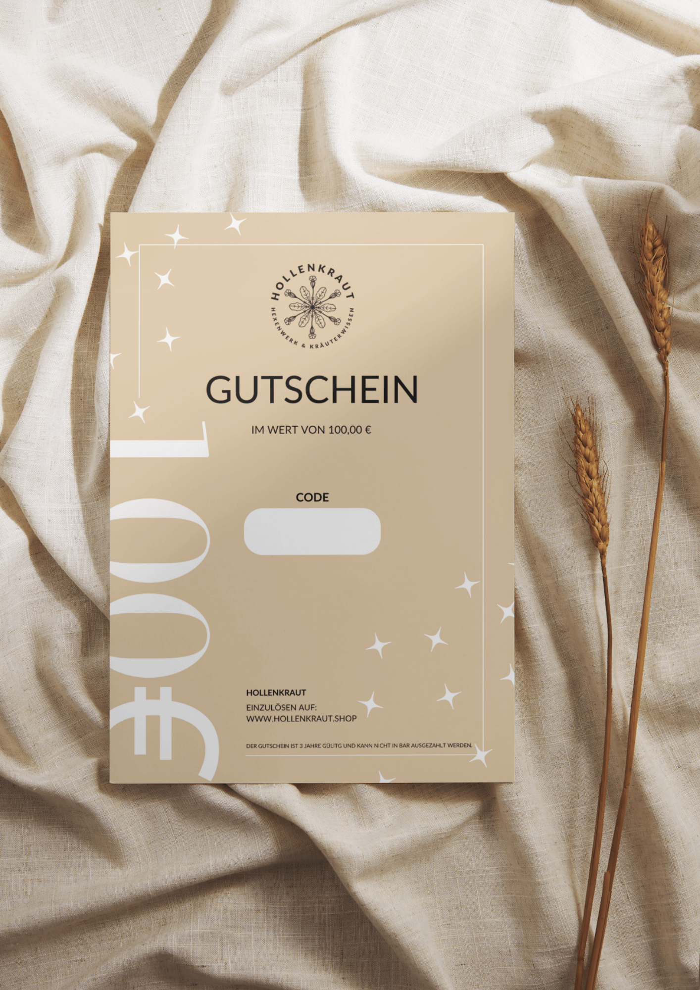 HOLLENKRAUT Geschenkgutschein - HOLLENKRAUT Gutschein im Wert von 100,00 € auf einem eleganten beige Hintergrund mit Weizenähren. Einlösbar auf www.hollenkraut.shop.