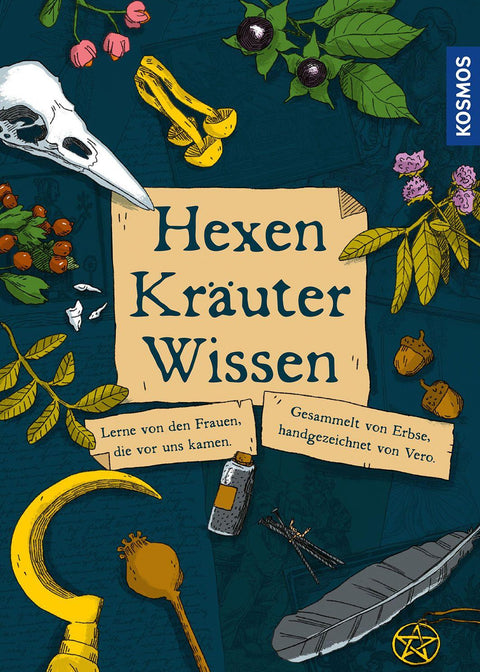 Ankündigung der Buchvorbestellung auf salbeigrünem Hintergrund. Oberhalb des Buchcovers steht: „Unser Buch ist da. Wir, Véro und Erbse, haben dieses Buch geschrieben und ihr könnt es jetzt vorbestellen!“ Das Cover von „Hexen Kräuter Wissen“ zeigt handgezeichnete botanische und magische Motive wie Heilpflanzen, Beeren, Mohnkapseln, eine Feder, einen Sichelmond, einen Vogel-Schädel und einen Pentakel. Ein blauer Kreis weist darauf hin, dass das Buch ab dem 22. Februar 2027 im Handel erhältlich ist.