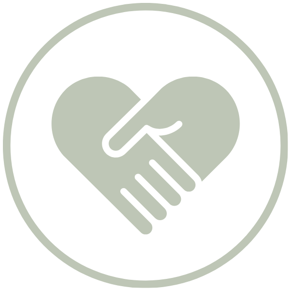 Symbol, 2 Hände schütteln sich und formen damit gemeinsam ein Herz, das Logo ist einmal umrundet