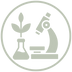 Symbol, man erkennt ein Mikroskop, ein gefülltes Reagenzglas und eine Pflanze, das Bild wird rund umrandet