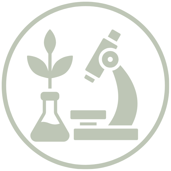 Symbol, man erkennt ein Mikroskop, ein gefülltes Reagenzglas und eine Pflanze, das Bild wird rund umrandet