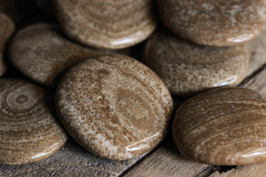 Aragonit Scheibenstein aus Österreich - Faire regionale Steine - mehrere runde Stein in braun mit glatter Textur auf einem braunen Holztisch