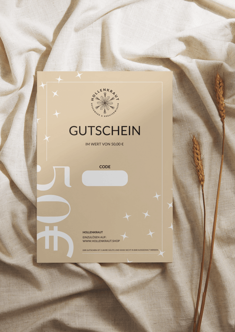 HOLLENKRAUT Geschenkgutschein - HOLLENKRAUT Gutschein im Wert von 50,00 € auf einem eleganten beige Hintergrund mit Weizenähren. Einlösbar auf www.hollenkraut.shop. 