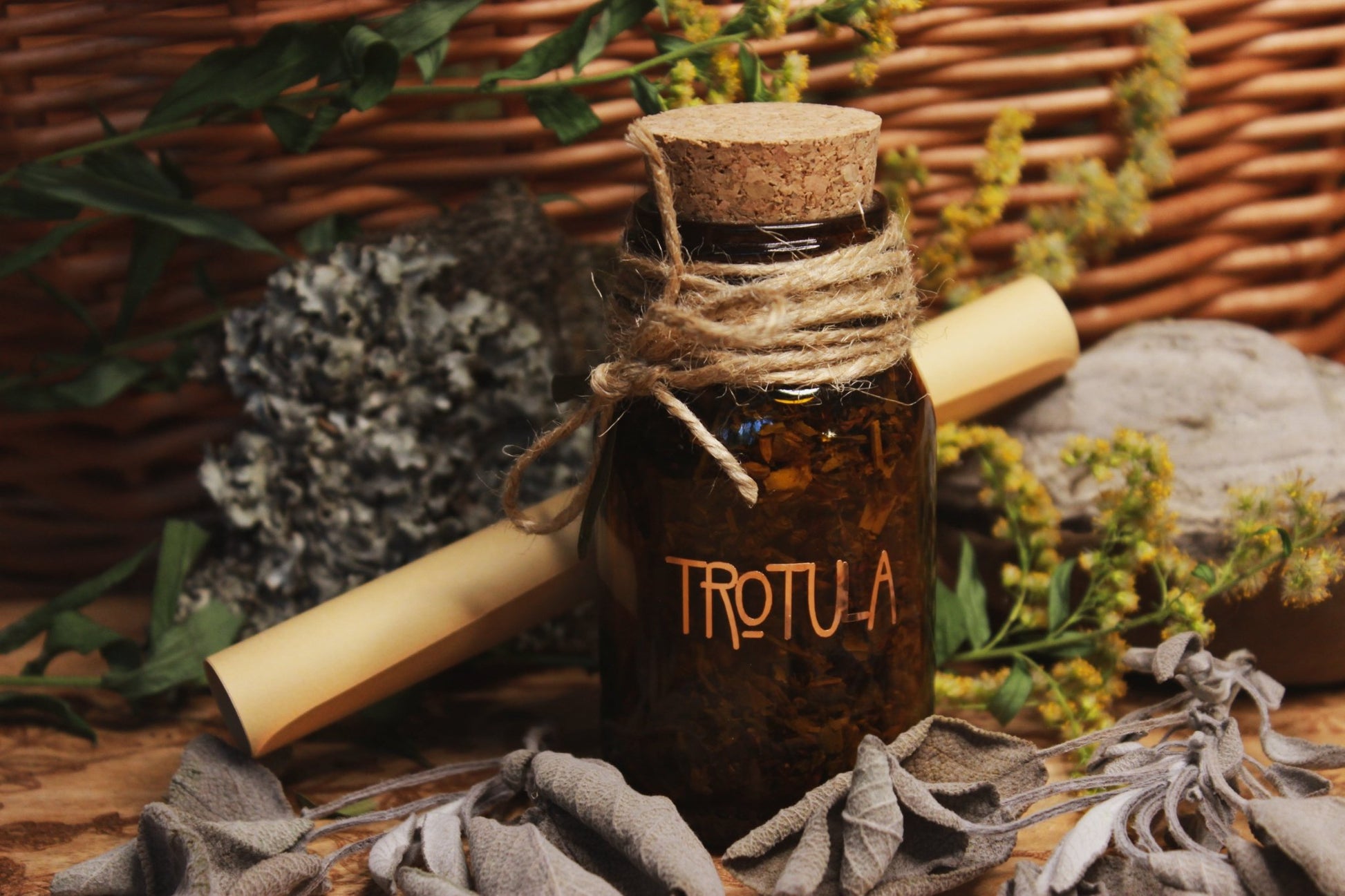 Kleines Glasfläschchen mit der Aufschrift ‘TROTULA’, gefüllt mit getrockneten Kräutern oder Blumen, auf einer mit Stoff bedeckten Oberfläche. Das Fläschchen ist mit einem Korken verschlossen und mit einer Schnur um den Hals gewickelt. Es ist umgeben von verschiedenen natürlichen Elementen, darunter grüne Blätter und gelbe Blumen. Im Hintergrund ist ein Teil eines geflochtenen Korbes sichtbar, zusammen mit mehr Grün, was dem Bild ein erdiges und organisches Gefühl verleiht.